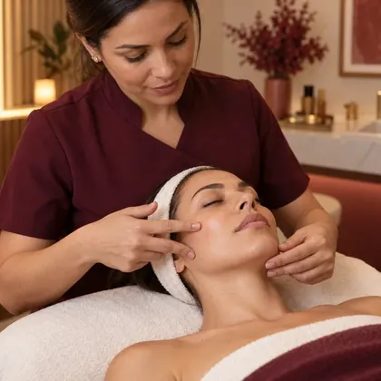 Mãos aplicando a técnica de lifting facial no rosto da cliente