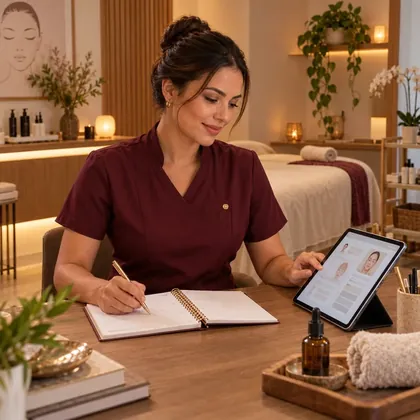 Profissional analisando o rosto da cliente em tablet